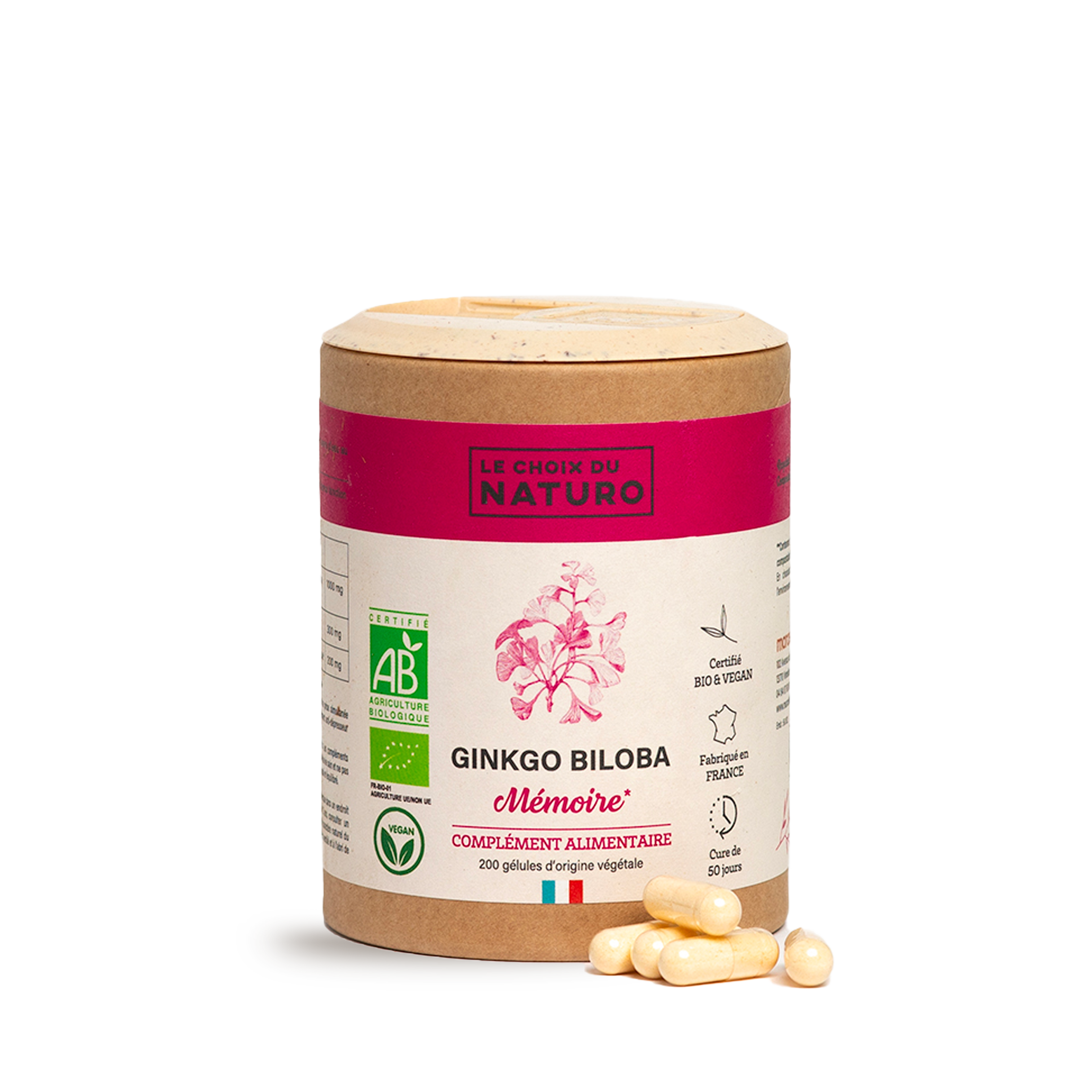 Ginkgo Biloba Bio 180 Gélules - Complément Alimentaire Vegan, Mémoire Et Circulation, Fabriqué En France